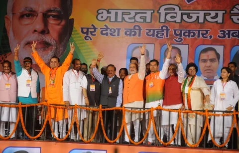 The BJP’s then-Prime Ministerial Candidate Narendra Modi addressing a rally in Seelampur, Delhi, on March 26, 2014. (Photograph: BJP website.)