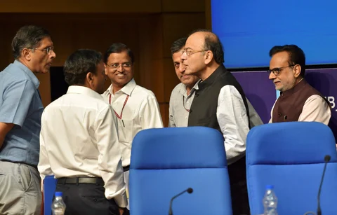 Finance Minister Arun Jaitley with Chief Economic Adviser Arvind Subramanian, Economic Affairs Secretary Subhash Chandra Garg, and Finance Secretary Hasmukh Adhia. (Photograph: PTI)