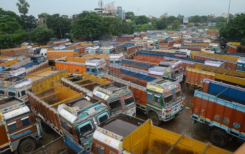 Trucks parked at a terminal during the transporters nationwide strike, in Kolkata on July 24, 2018. (Source: PTI)