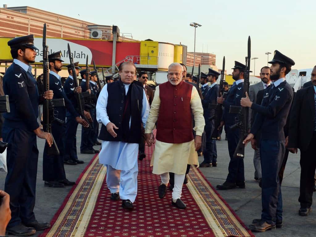 Prime Minister Narendra Modi received by then-Prime Minister of Pakistan, Nawaz Sharif, at Lahore, Pakistan on December 25, 2015. (Photograph: PIB)