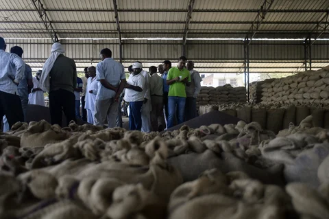Farmers and traders gather for the auction of mustard seeds at a wholesale grain market in Rewari, Haryana, India, on March 28, 2018. (Photographer: Anindito Mukherjee/Bloomberg)