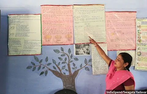 <em>Anganwadi</em> worker Annapurna explaining nutrition charts at Pitrupar Mehendia village in Farrukhabad.