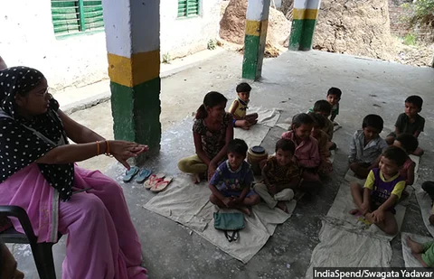 Anganwadi worker Indradevi at the centre in Gadhiya village of Farrukhabad district.