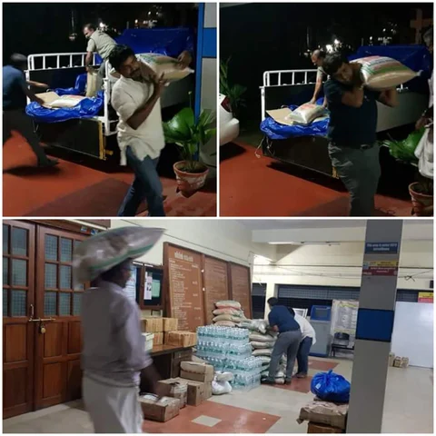 G Rajamanikyam IAS & NSK Umesh IAS Sub-Collector, Wayanad unloading rice bags at Collectorate, Wayanad for distribution to Relief Camps. (Photograph: <a href="https://twitter.com/IASassociation/status/1029286761506074624">IAS Association</a>)