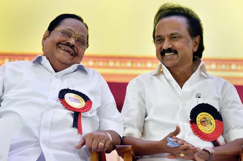 DMK Working President MK Stalin with partys treasurer Duraimurugan during the DMK General Council Meeting at Anna Arivalayam in Chennai (Source: PTI)