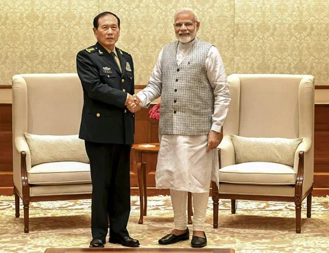Prime Minister Narendra Modi with the Defence Minister of China, General Wei Fenghe during a meeting in New Delhi on August 21, 2018. (Photograph: PIB/PTI)