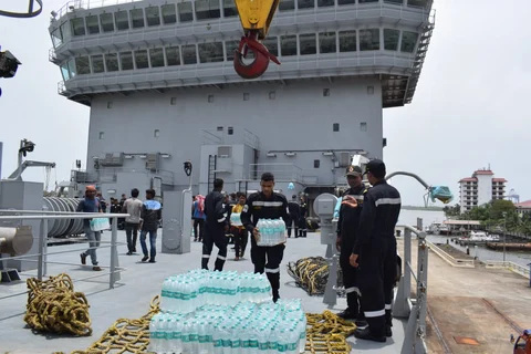 Fresh water, and food carried by INS Deepak reaches the South Jetty Naval base in Kerala. (Source: Indian Navy’s Official Spokesperson page)