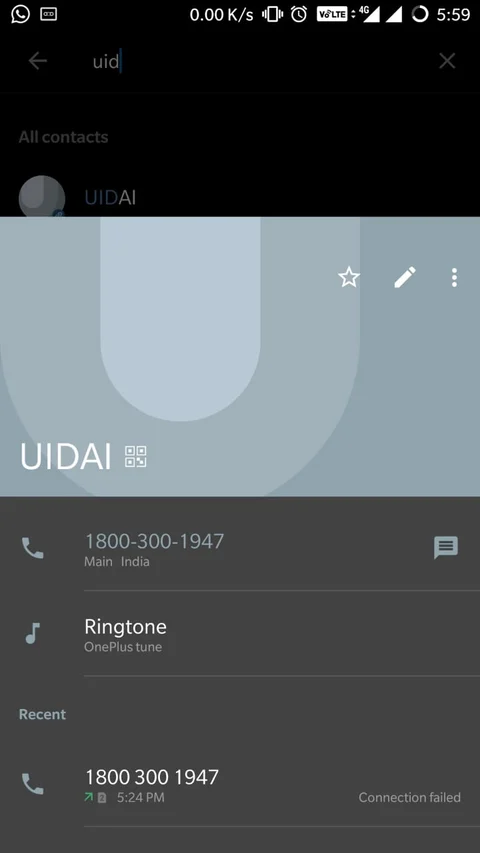 Screen grab of an Android phone with UIDAI contact details. (Source: BloombergQuint)