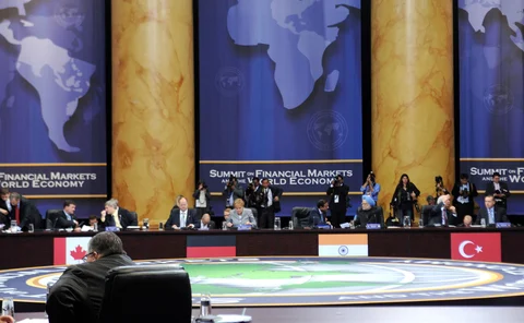 Prime Minister Manmohan Singh and Finance Minister P Chidambaram at the Summit on Financial Market and the World Economy, at Washington, USA on November 14, 2008. (Photograph: PIB)