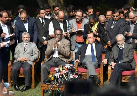 From left to right, Justice Kurien Joseph, Justice Chelameswar, Justice Ranjan Gogoi and Justice Madan Lokur addressing the media on January 12, 2018. (Courtesy: PTI) 