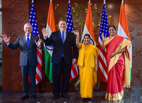 External Affairs Minister Sushma Swaraj, Defence Minister Nirmala Sitharaman, U.S. Secretary of State Mike Pompeo and U.S. Secretary of Defence James Mattis before India-U.S. 2 + 2 Dialogue, in New Delhi, on Sept. 6, 2018. (Photographer: Kamal Singh/PTI)