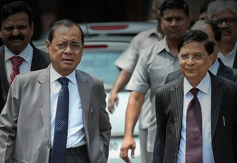 Incoming Chief Justice of India Ranjan Gogoi (left), with his predecessor Chief Justice Dipak Misra. (Photograph: PTI)