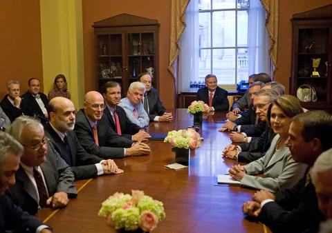 Ben S. Bernanke, chairman of the U.S. Federal Reserve, Henry Paulson, secretary of the U.S. Treasury, Christopher Cox, chairman of the Securities and Exchange Commission meet, with Congressional leaders on Capitol Hill in Washington, D.C., on Sept. 18, 2008. (Photographer: David Brody/Bloomberg News)