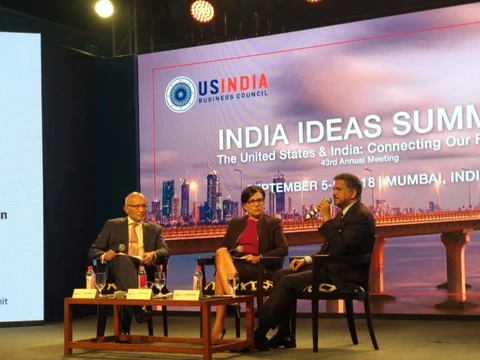 Anand Mahindra, chairman of the Mahindra Group, and former U.S. Commerce Secretary Penny Pritzker, at the U.S.-India Business Council meeting, in Mumbai, on September 6, 2018. (Photograph: <a href="https://twitter.com/USIBC">@<b>USIBC</b></a>/Twitter)