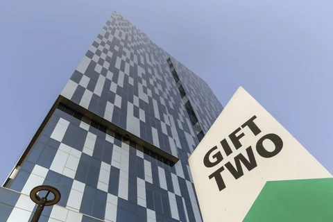 Gift Two tower stands in Gujarat International Finance Tec-City. (Photographer: Dhiraj Singh/Bloomberg)