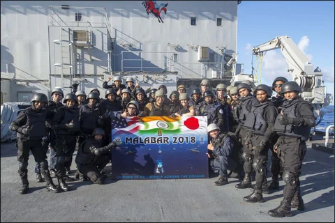Contingents of the U.S., Indian, and Japanese navies participate in the Malabar 2018 joint exercise, off the coast of Guam in the Philippine Sea, on June 14, 2018. (Photograph: Indian Navy)