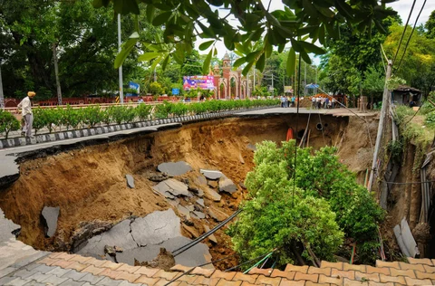 A collapsed road in Amritsar. (PTI) 