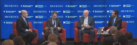 Former U.S. Fed chairman Ben Bernanke, Former U.S. Treasury Secretaries Timothy Geithner and Henry Paulson, with Andrew Ross Sorkin of The New York Times, at a Brookings event on Sept. 12, 2018. (Photograph: Brookings)