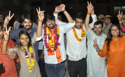 ABVP’s panel’s newly elected DUSU President Ankiv Basoya, Vice President Shakti Singh and Joint Secretary Jyoti Choudhary celebrate after the DUSU election result in New Delhi, on Sept. 13, 2018. (Photograph: PTI)