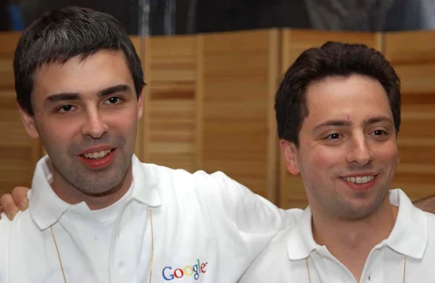 Larry Page, left, and Sergey Brin, co-founders of Google, in San Francisco, California, on June 18, 2002. (Photographer: Stephen Higgins/ Bloomberg News) 