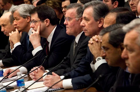 Chief executive officers from eight of the largest U.S. banks receiving government aid testify at a House Financial Services Committee hearing in Washington, D.C., U.S., on Feb. 11, 2009. (Photographer: Brendan Smialowski/Bloomberg)