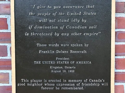 The plaque at Canada’s Campobello Island, bearing U.S. President Franklin D. Roosevelt’s comments on August 18, 1938. (Photograph: Raj Bhala)