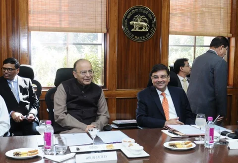 Finance Minister Arun Jaitley with RBI Governor Urjit Patel, in New Delhi, on Feb. 11, 2017. (Photograph: PIB)