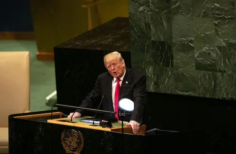 U.S. President Donald Trump speaks during the UN General Assembly meeting in New York, on Tuesday, Sept. 25, 2018. (Photographer: Jeenah Moon/Bloomberg)