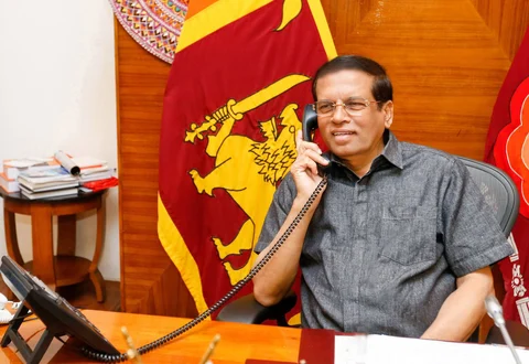 Sri Lankan President Maithripala Sirisena in a phone conversation with Indian Prime Minister Narendra Modi, on Oct. 17, 2018. (Photograph: <a href="https://twitter.com/MaithripalaS">@<b>MaithripalaS</b></a>/Twitter)