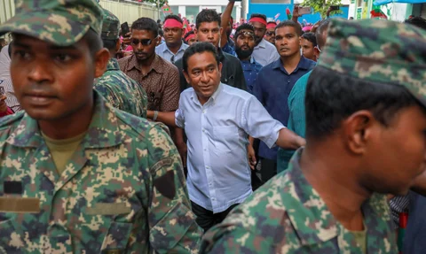 Maldivian president Yameen Abdul Gayoom, center, surrounded by his body guards arrives to address his supporters in Male, Maldives, on February 3, 2018. (Photograph: AP/PTI)