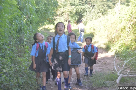 Children return from school–a steep 3 kilometers away–to Leisang village, supposedly the last Indian village to be connected to grid electricity. Better-off families send their children to Kangpokpi, the closest district headquarters, 30 kilometers from Leisang.