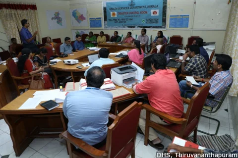 A review meeting including the nodal officers, minister of health, and senior officials in the health department at the DHS office in Thiruvananthapuram.