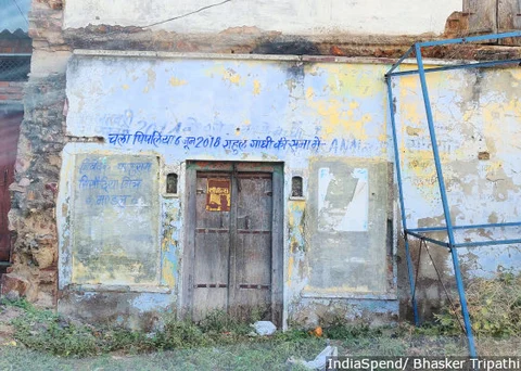 A dilapidated building reads a message to farmers of Budha village in Mandsaur district of MP.