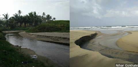 Left: Stormwater drains from the village converge at the proposed resort site and drain through this channel into the Arabian Sea. Right: The stormwater drain as it meets the sea at Arossim beach. (Picture Courtesy: Nihar Gokhale)