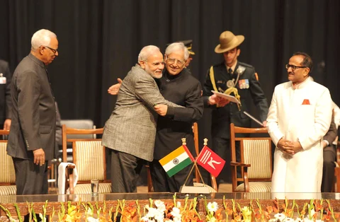 Prime Minister Narendra Modi congratulates Mufti Mohammad Sayeed after the latter’s swearing-in as Chief Minister of Jammu and Kashmir, in Jammu, on March 1, 2015. (Photograph: PIB)<a href="http://pibphoto.nic.in/photo//2015/Mar/l2015030162719.jpg"><i><br></i></a>