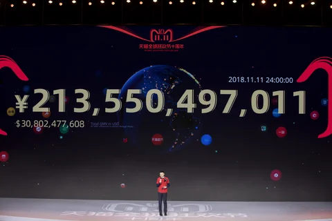 Alibaba logged 213.5 billion yuan ($30.7 billion) in sales for its annual Singles’ Day extravaganza, on Monday, Nov. 12, 2018. (Photographer: Giulia Marchi/Bloomberg)