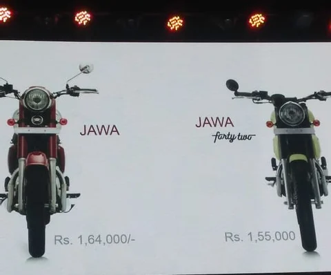 Pricing of Jawa and Jawa 42 models displayed at the launch event. (Source: BloombergQuint)