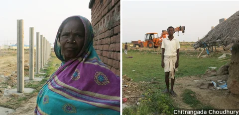 Officials and Adani personnel claim land acquired for a power plant will not displace anyone. But the plant site is enveloping homes of Dalit and Adivasi villagers, such as Punam Sugo Devi and Karu Laiyya (right). “Where are the poor supposed to go?” Devi asks.