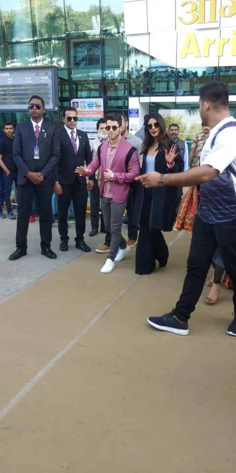 Priyanka Chopra and husband Nick Jonas at the Udaipur airport for Isha Ambani-Anand Piramal’s pre-wedding festivities. (Source: Reliance Industries)