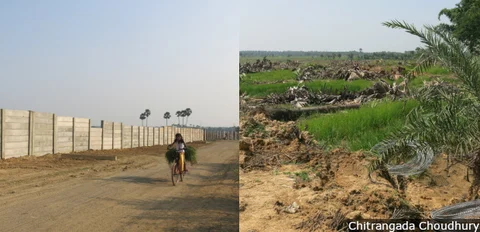 Backed by the government, Adani personnel are taking over and fencing off private land and village commons. They are destroying multi-crop farm land, which provides year-round work and livelihood to its owners, sharecroppers and farm labour (right).