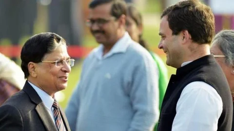Then Chief Justice of India Dipak Misra with Congress President Rahul Gandhi. (Photograph: PTI)