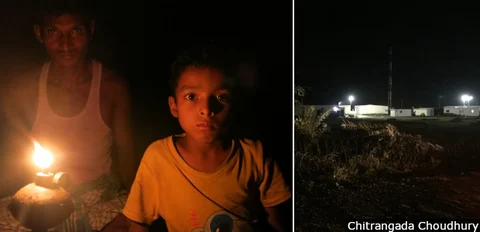 The 1600 megawatts of electricity generated from the Adani power plant will be sold to Bangladesh. Villages losing their farms and commons to the plant get by on kerosene lamps. The only electricity in the area was at the plant site (right).
