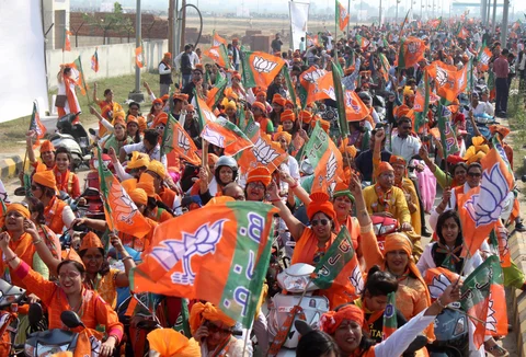 BJP workers take part in a bike rally. (Photograph: PTI)