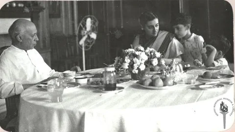 Jawaharlal Nehru with Indira Gandhi, Rajiv Gandhi and Sanjay Gandhi at Teen Murti House. (Photograph: NMML)