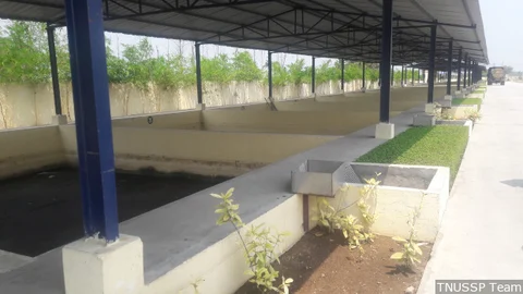 The sludge drying bed at the Karunguzhi Faecal Sludge Treatment Plant. The plant receives 6,000 to 8,000 litres of waste daily from Karunguzhi and the neighbouring town of Madhuranthagam.