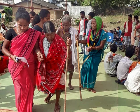 Elderly voters arrive to cast their votes at a polling booth in Sukma, Chhattisgarh. (Photograph: PTI)