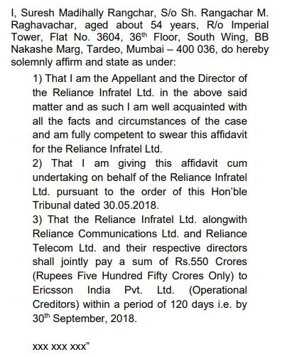 Undertaking by Reliance Directors - Supreme Court Order