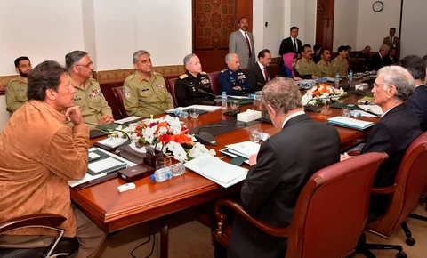 Pakistan Prime Minister Imran Khan, left, chairs a meeting of the National Security Committee in Islamabad, Pakistan on Feb. 21, 2019. (Photograph: AP/PTI)