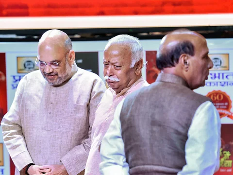 Amit Shah, Mohan Bhagwat and Rajnath Singh during a book release function, in New Delhi, on Sept. 20, 2018. (Photograph: PTI)