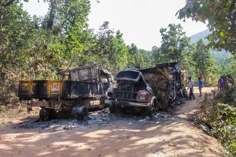 Charred vehicles which were allegedly torched by Maoist rebels during a bandh. (Photograph: PTI)